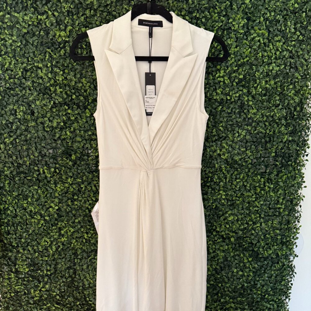 BCBGMAXAZRIA Off White Sleeveless Wrap Style Dress Elegant Knee Length